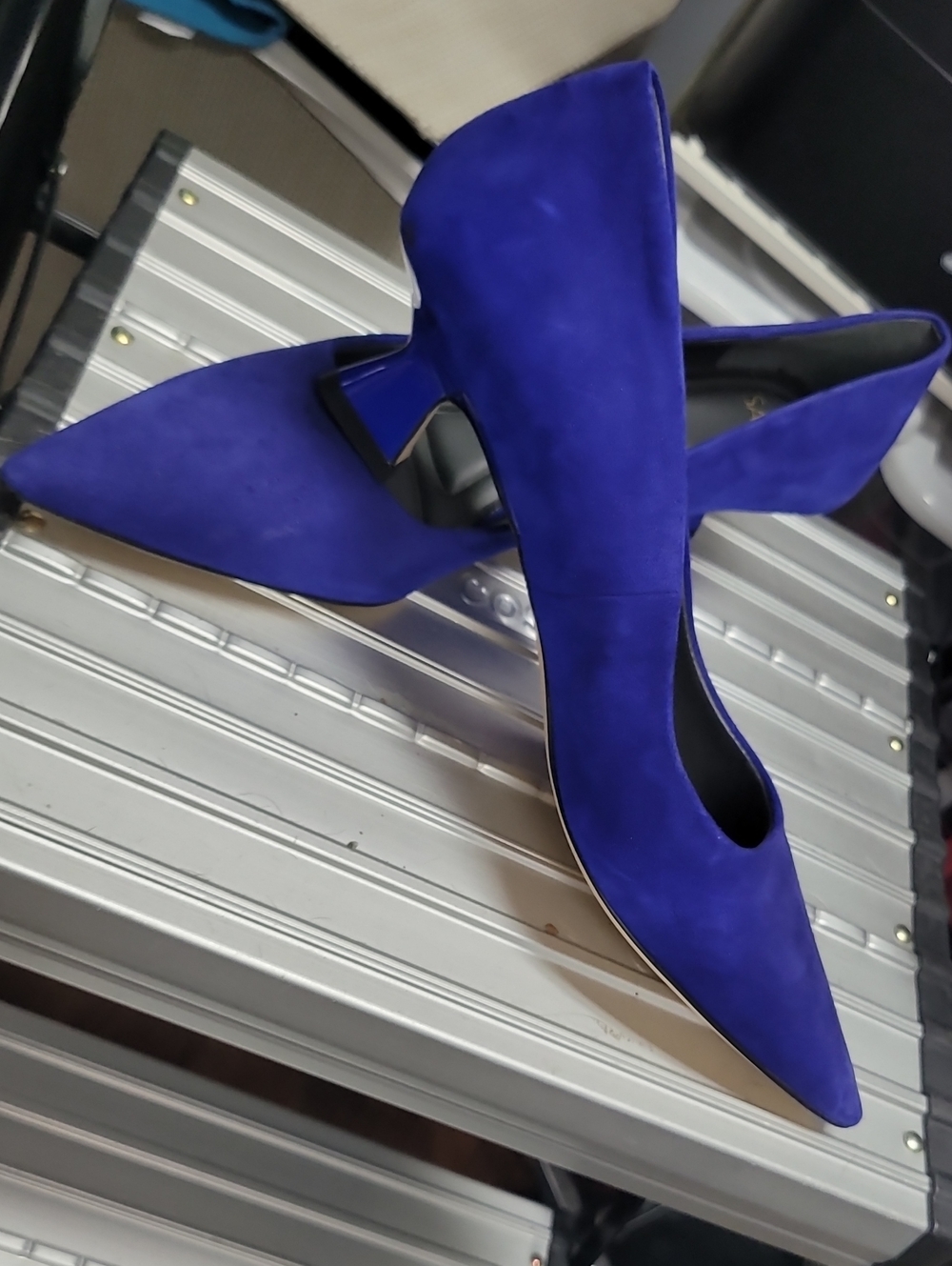 Franco Sarto Pointed Toe Mid-Heel Pumps in Cobalt Blue Suede